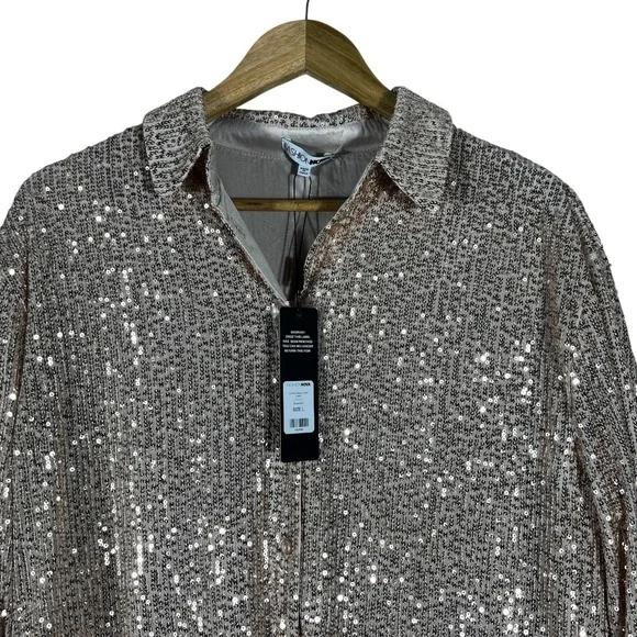 NWT Fashion Nova Lumina Sequin Shirt Dress Rose Gold Glam Party Size L - Picture 3 of 8